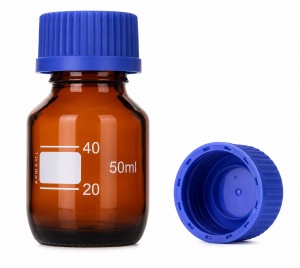 Botella autoclavable ámbar con tapa de rosca GL32 azul, 50 ml