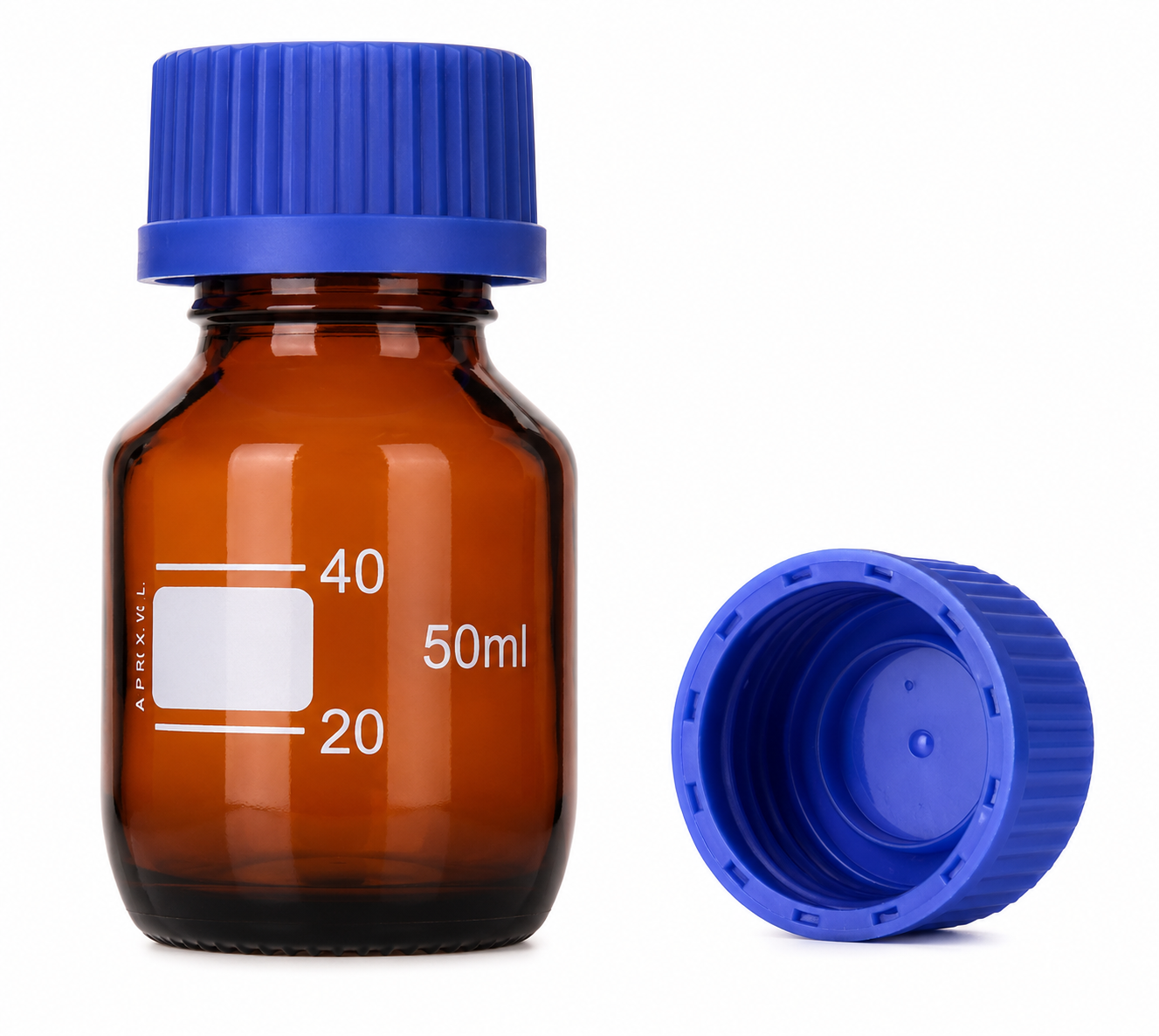 Botella autoclavable ámbar con tapa de rosca GL32 azul, 50 ml