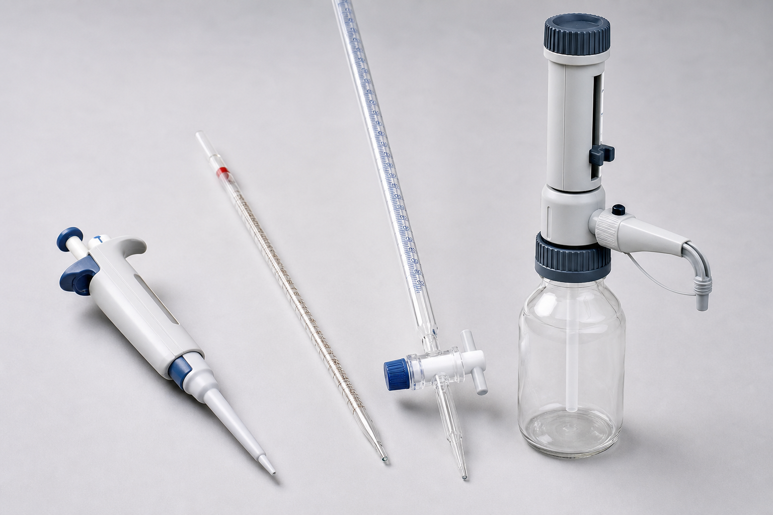 Micropipeta, pipeta graduada, bureta y dispensador para calibración de volumen por método gravimétrico