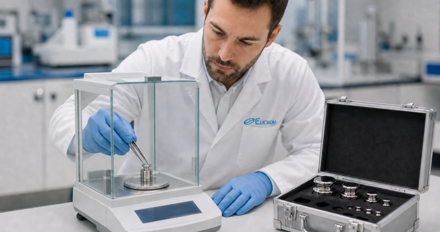 Técnico de ELICROM con bata institucional calibrando una balanza de precisión con pesas patrón certificadas