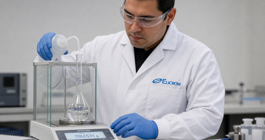 Lab scientist wearing gloves and safety goggles pours liquid from a squeeze bottle into a tall flask on a digital balance inside a glass enclosure.