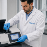 Lab scientist in a white lab coat and blue gloves inserts a sample into a benchtop analyzer in a modern laboratory, with a touchscreen display visible on the device showing data (546.1 nm).