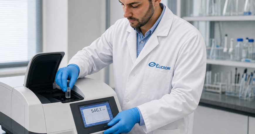 Lab scientist in a white lab coat and blue gloves inserts a sample into a benchtop analyzer in a modern laboratory, with a touchscreen display visible on the device showing data (546.1 nm).