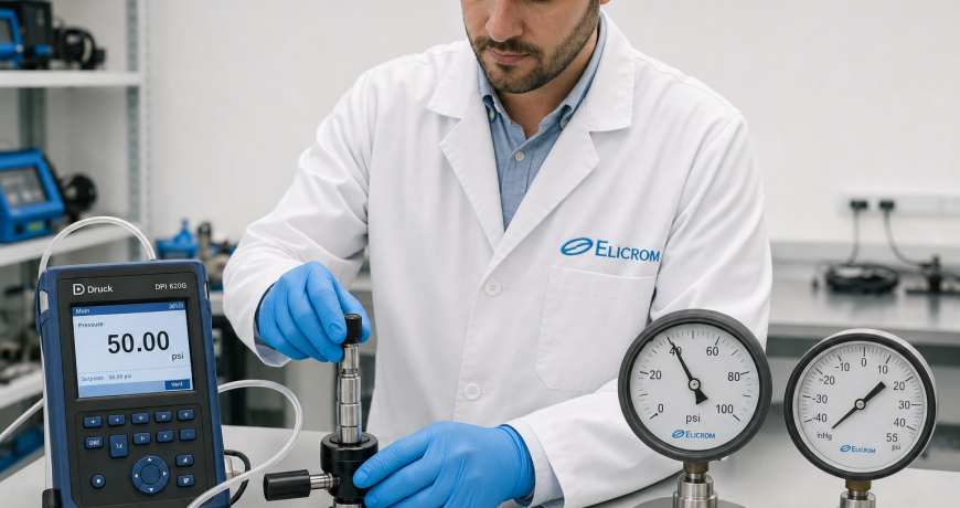 Técnico de ELICROM calibrando un manómetro analógico con calibrador digital de presión