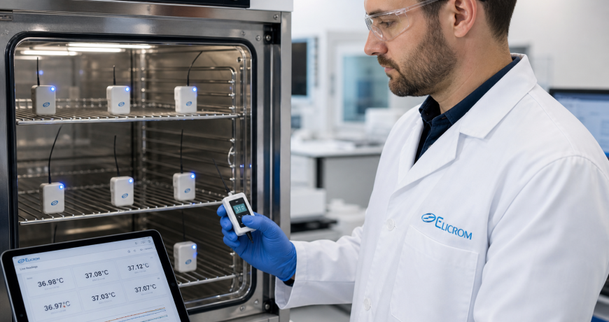 Técnico de ELICROM realizando mapeo térmico en incubadora con dataloggers de temperatura