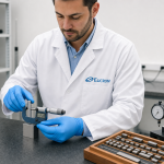 Técnico de ELICROM calibrando un micrómetro exterior con bloques patrón