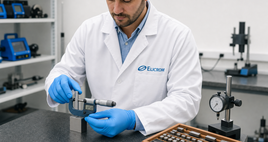 Técnico de ELICROM calibrando un micrómetro exterior con bloques patrón