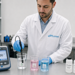 Técnico ELICROM calibrando multiparámetro pH conductividad OD