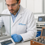 Técnico de ELICROM calibrando pesas patrón de masa con comparador en laboratorio acreditado ISO/IEC 17025