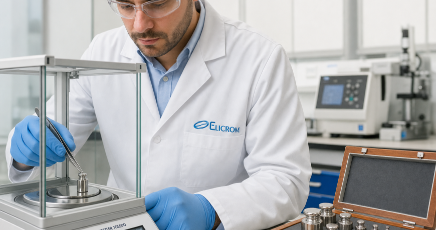 Técnico de ELICROM calibrando pesas patrón de masa con comparador en laboratorio acreditado ISO/IEC 17025