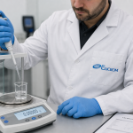 Técnico de ELICROM calibrando una micropipeta con balanza analítica (método gravimétrico) - calibración acreditada ISO/IEC 17025