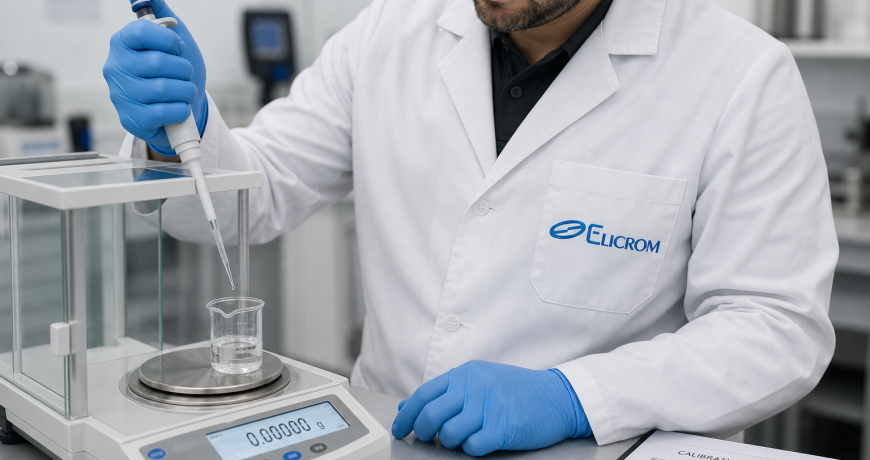 Técnico de ELICROM calibrando una micropipeta con balanza analítica (método gravimétrico) - calibración acreditada ISO/IEC 17025