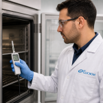 Técnico de ELICROM calibrando un termohigrómetro digital dentro de una cámara climática