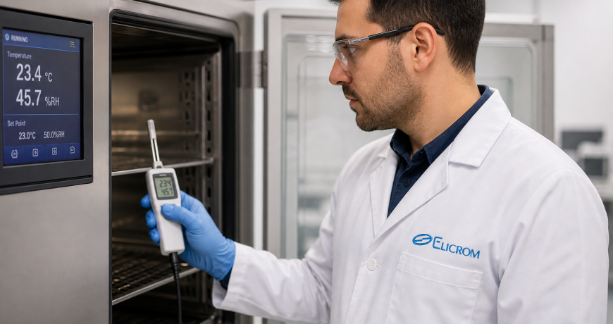 Técnico de ELICROM calibrando un termohigrómetro digital dentro de una cámara climática