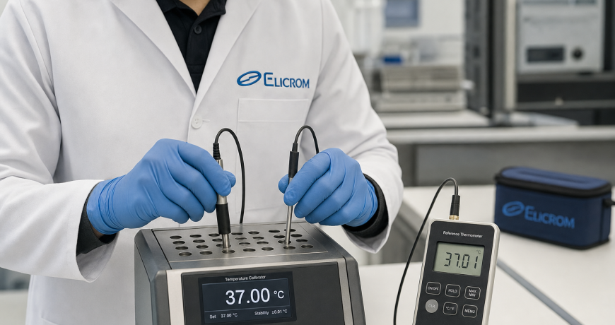 Técnico de ELICROM calibrando un termómetro con un calibrador de temperatura de bloque seco