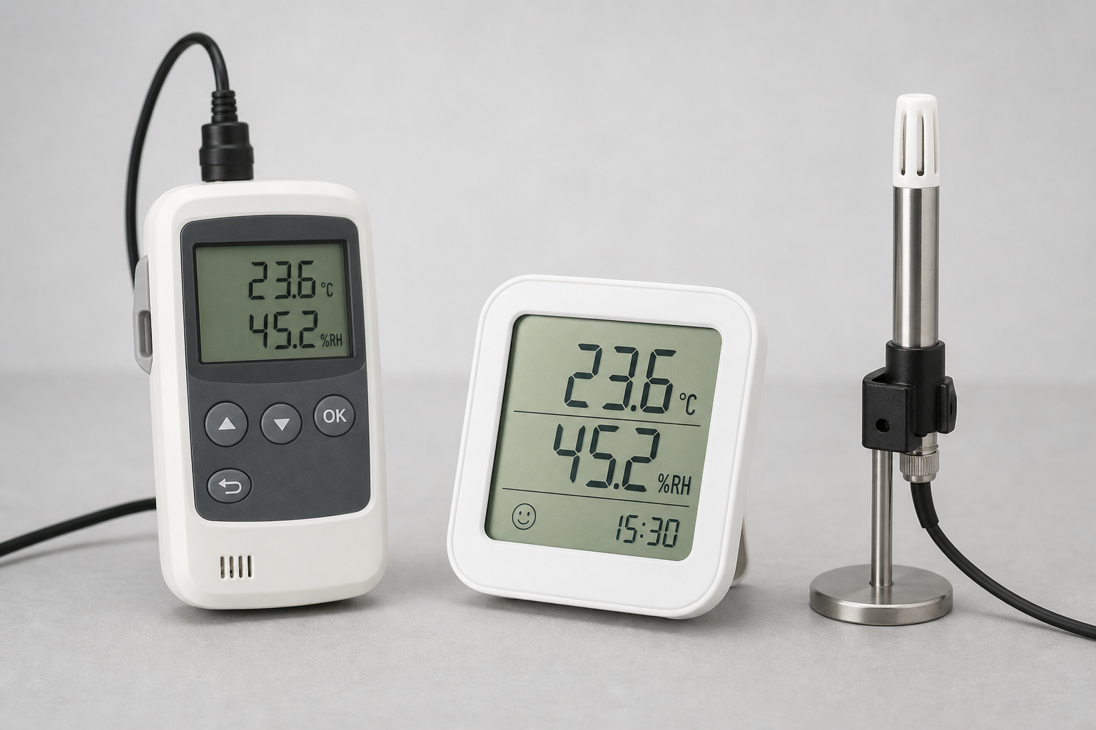Datalogger y termohigrómetro digital junto a sonda de referencia para calibración
