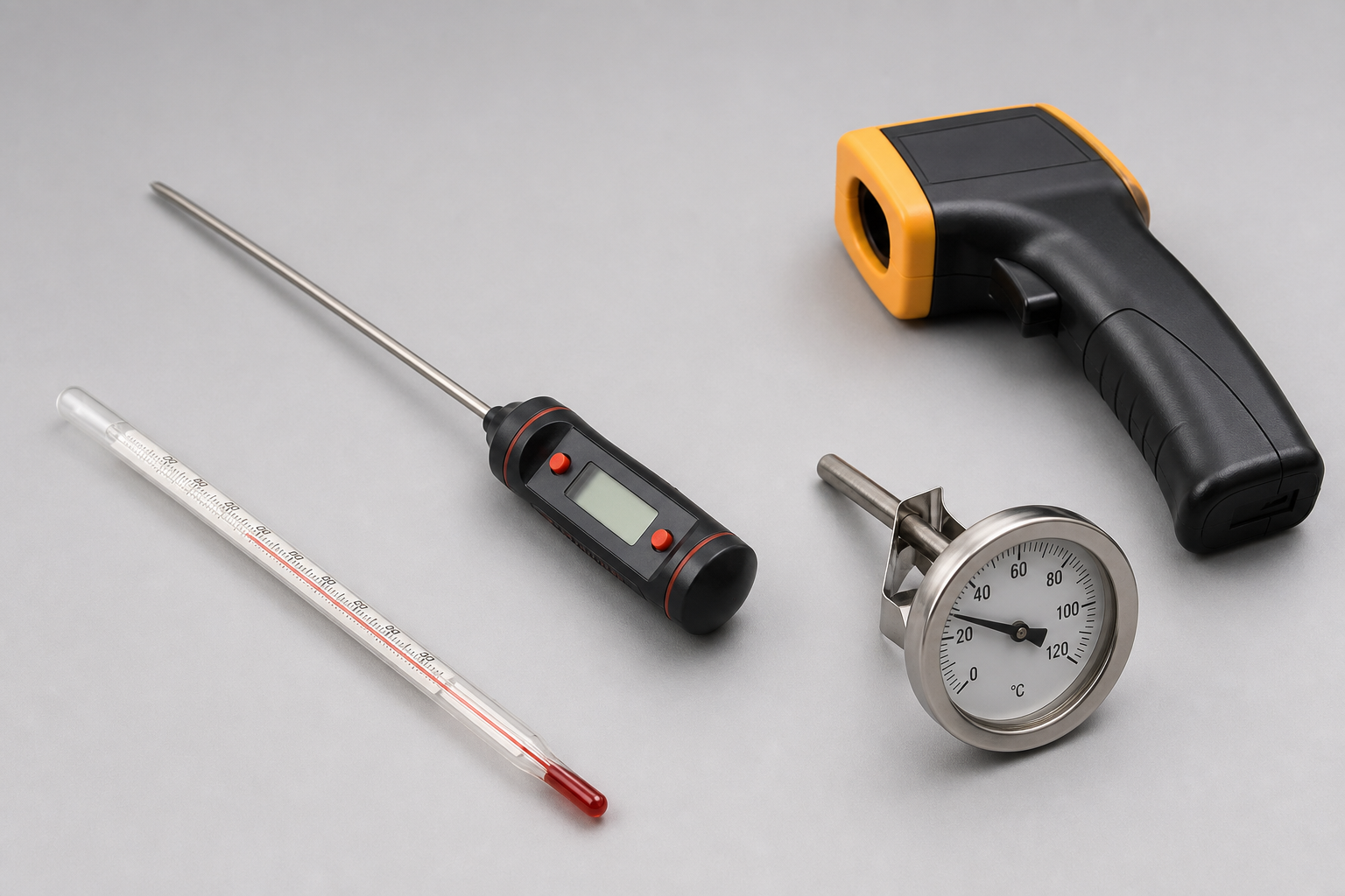 Termómetro de líquido en vidrio, digital, bimetálico e infrarrojo para calibración