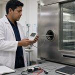 Técnico calibrando un termohigrómetro en cámara climática, laboratorio ELICROM Guayaquil