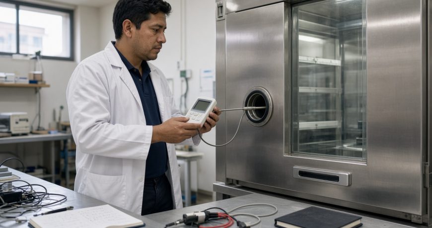 Técnico calibrando un termohigrómetro en cámara climática, laboratorio ELICROM Guayaquil