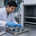 Técnico de 26 años calibrando dataloggers de temperatura y humedad en cadena de frío ELICROM Guayaquil